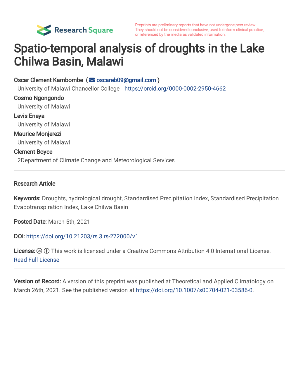 Spatio-Temporal Analysis of Droughts in the Lake Chilwa Basin, Malawi