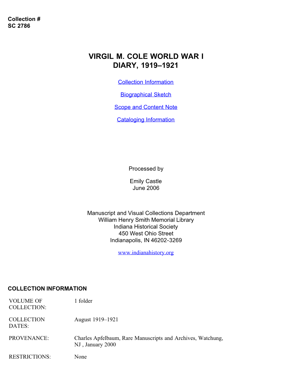 Virgil M. Cole World War I Diary, 1919-1921