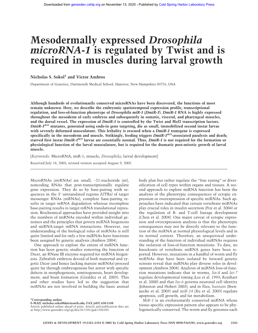 Mesodermally Expressed Drosophila Microrna-1 Is Regulated by Twist and Is Required in Muscles During Larval Growth