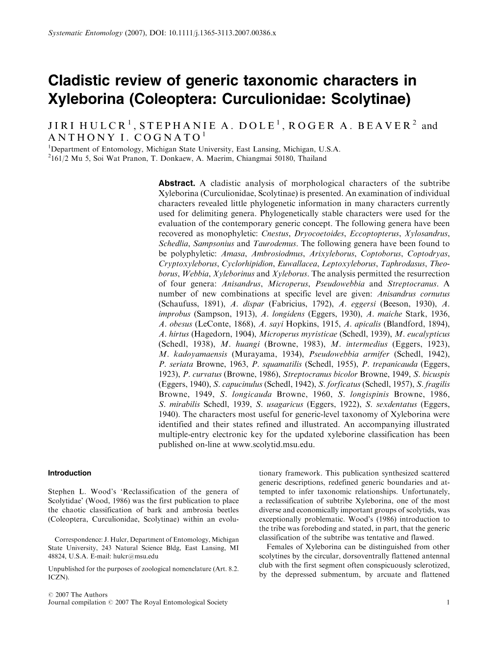 Cladistic Review of Generic Taxonomic Characters in Xyleborina (Coleoptera: Curculionidae: Scolytinae)