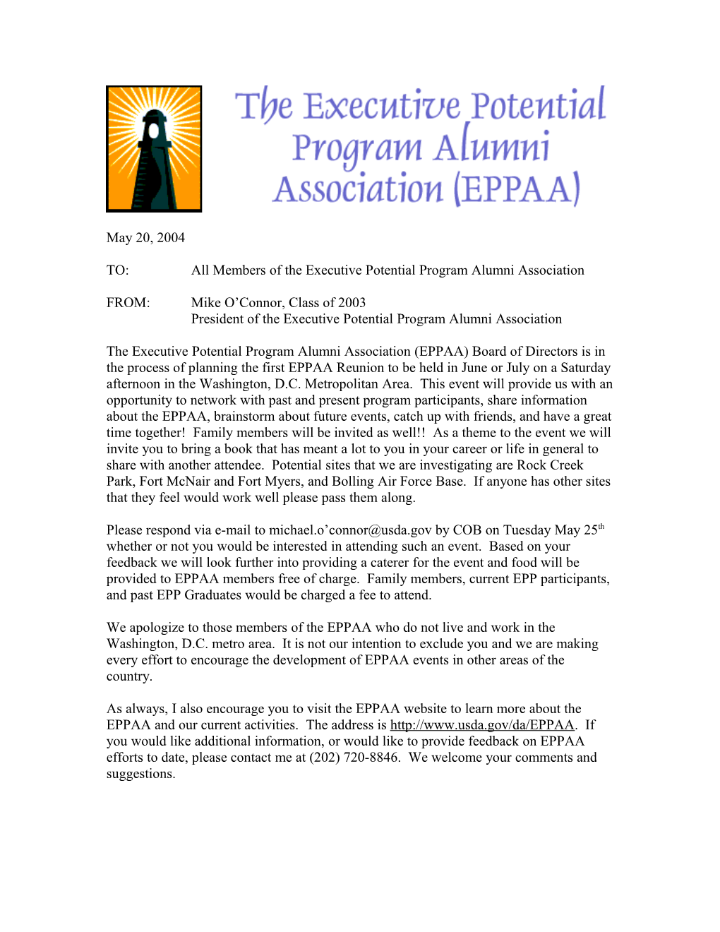 TO: All Members of the Executive Potential Program Alumni Association