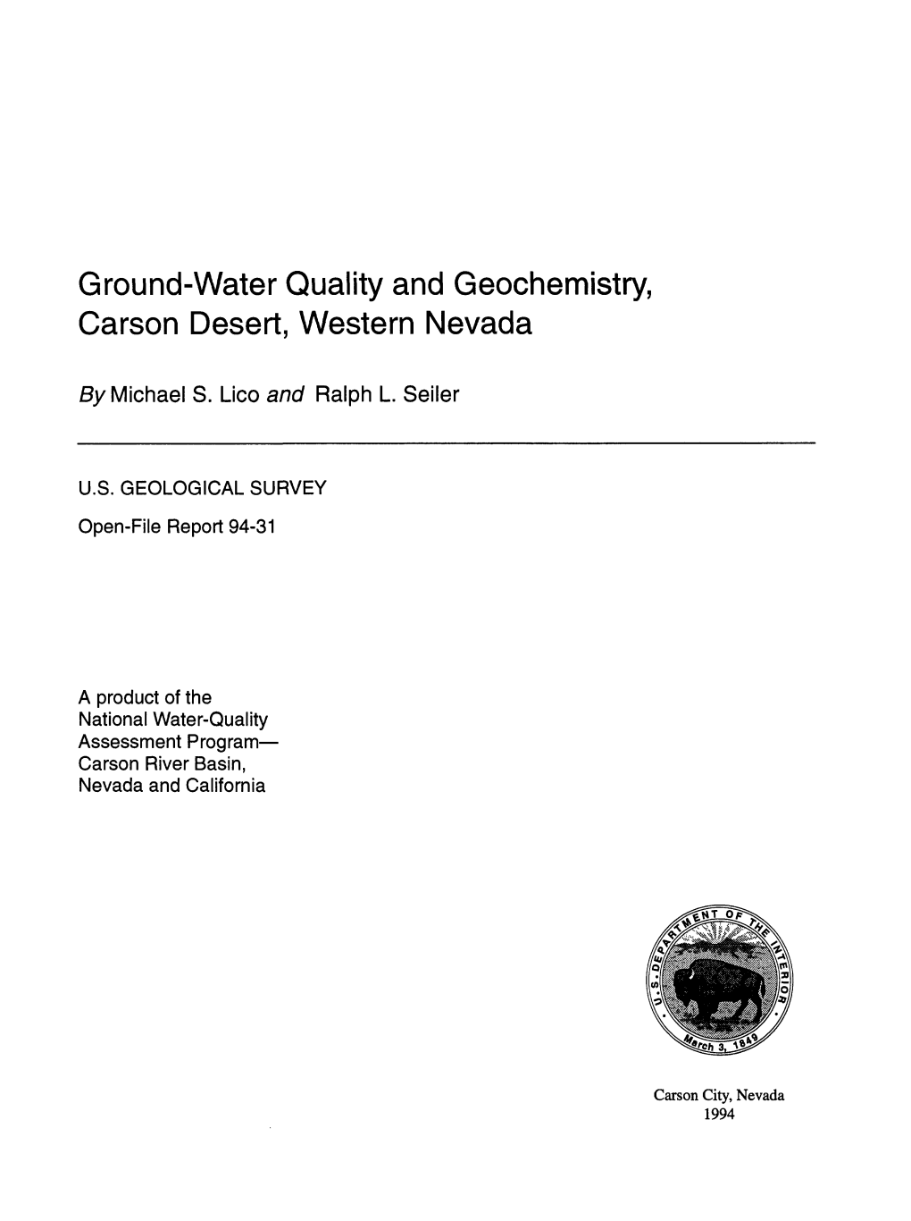 Ground-Water Quality and Geochemistry, Carson Desert, Western Nevada