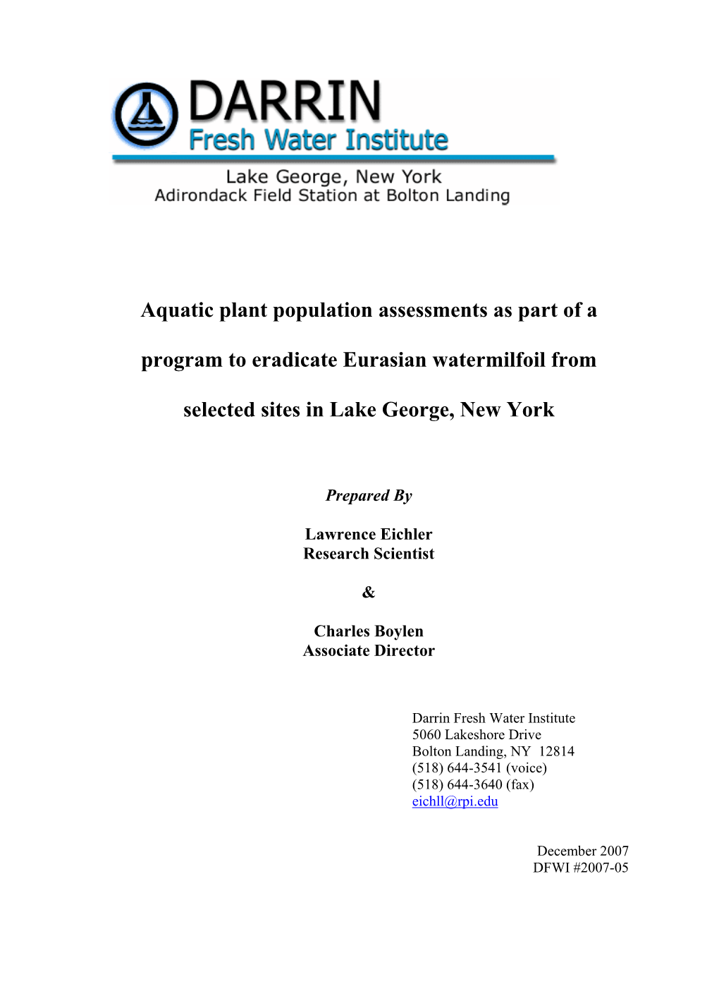 Aquatic Plant Population Assessments As Part of a Program to Eradicate Eurasian Watermilfoil From