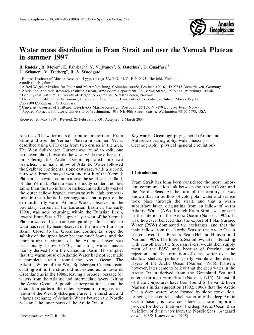 Water Mass Distribution in Fram Strait and Over the Yermak Plateau in Summer 1997