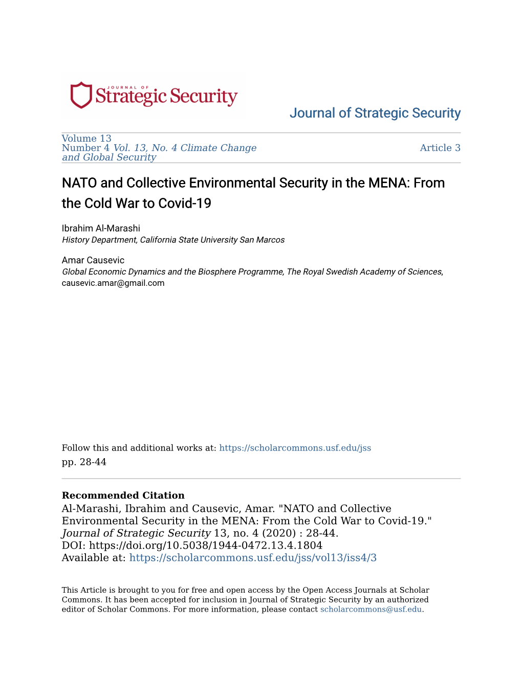 NATO and Collective Environmental Security in the MENA: from the Cold War to Covid-19