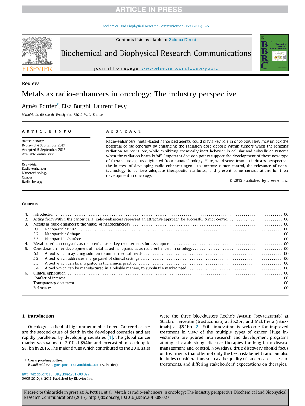 Metals As Radio-Enhancers in Oncology: the Industry Perspective