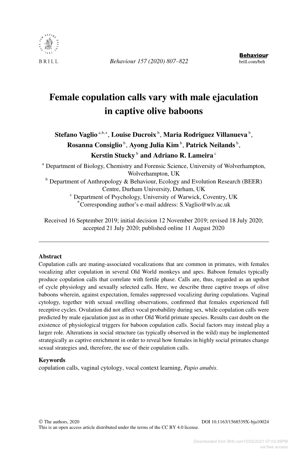 Female Copulation Calls Vary with Male Ejaculation in Captive Olive Baboons