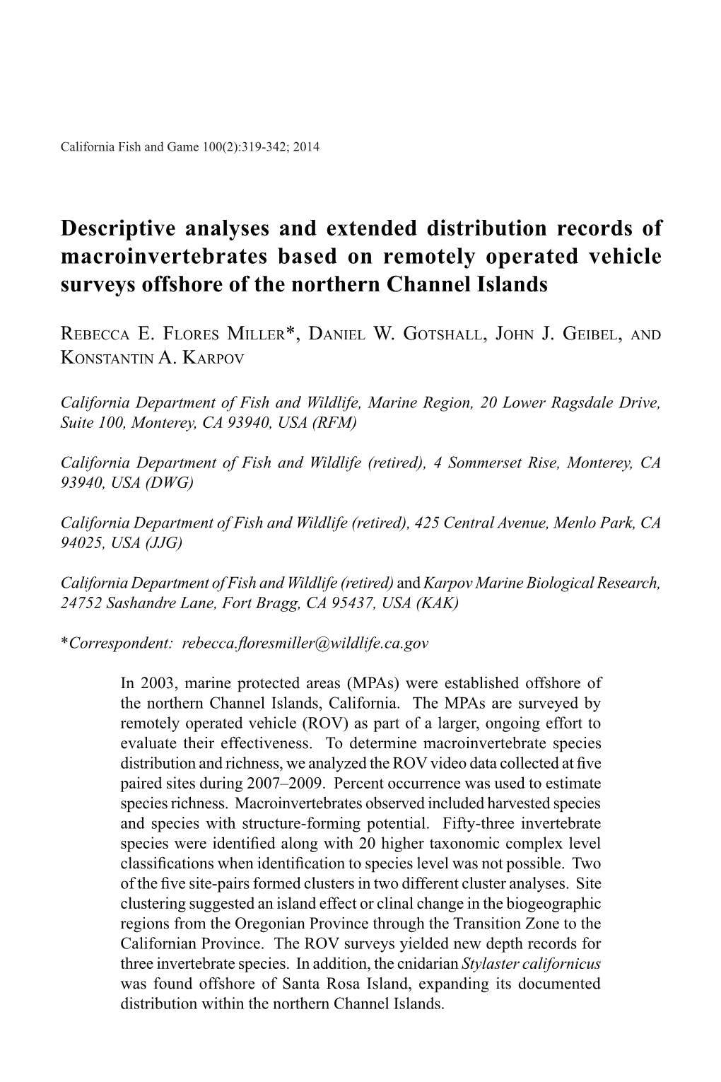 Descriptive Analyses and Extended Distribution Records of Macroinvertebrates Based on Remotely Operated Vehicle Surveys Offshore of the Northern Channel Islands