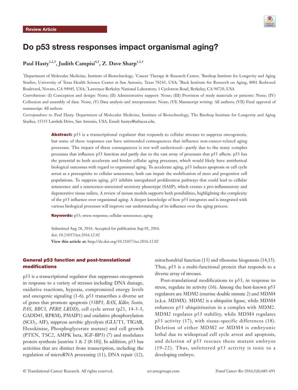 Do P53 Stress Responses Impact Organismal Aging?