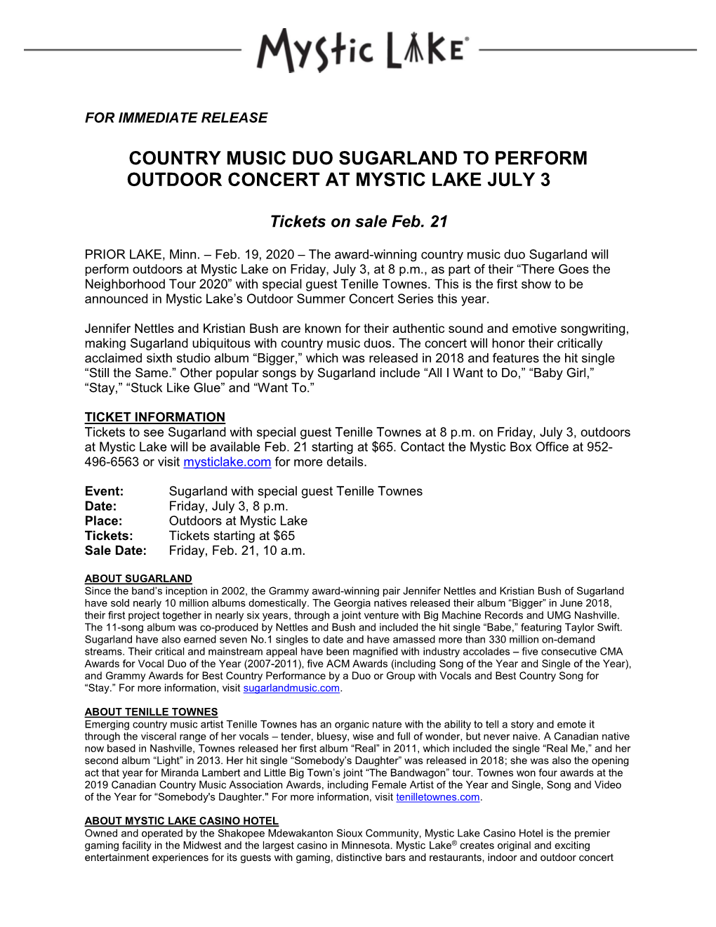 Country Music Duo Sugarland to Perform Outdoor Concert at Mystic Lake July 3