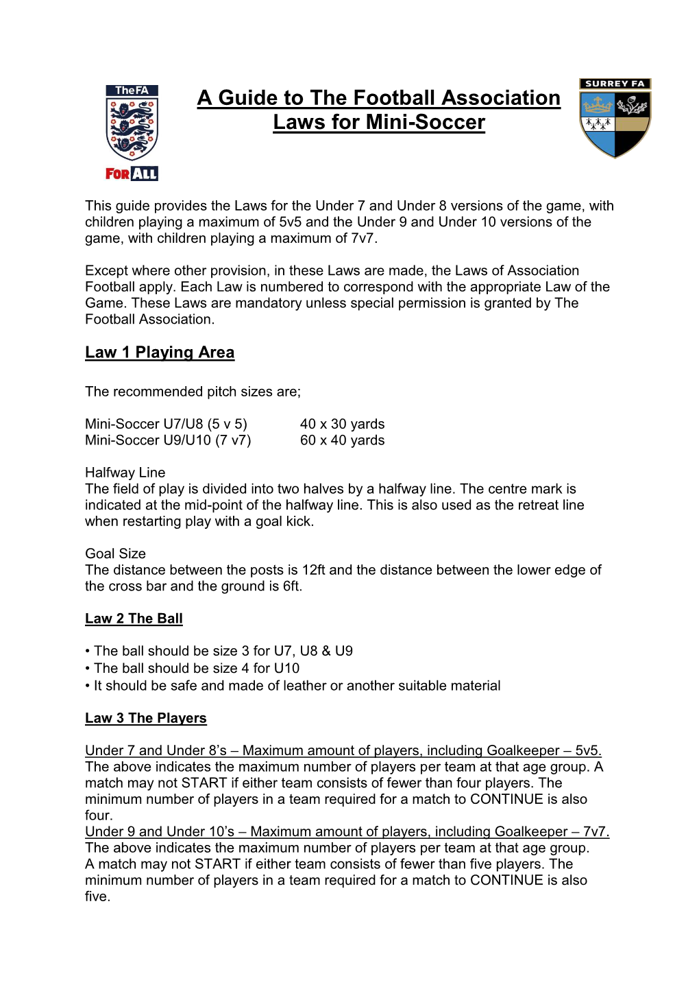 A Guide to the Football Association Laws for Mini-Soccer