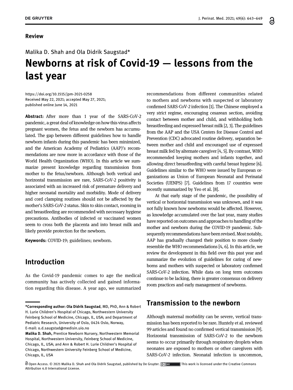 Newborns at Risk of Covid-19―Lessons from the Last Year