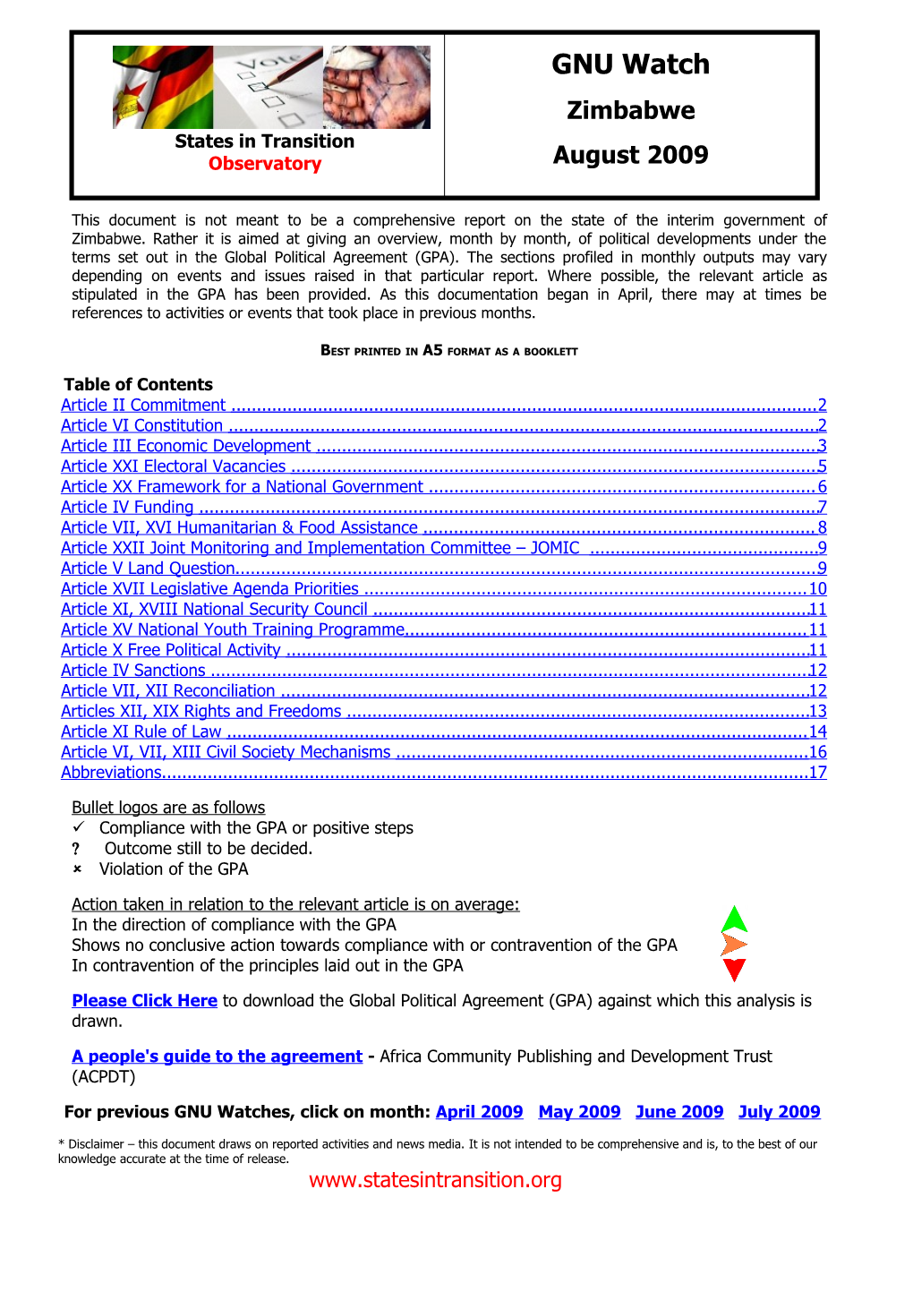 GNU Watch Zimbabwe States in Transition Observatory August 2009