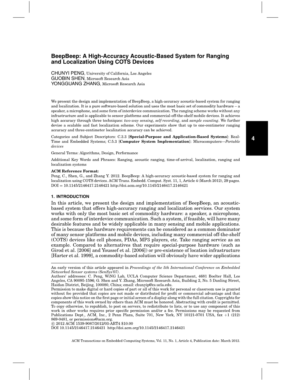 Beepbeep: a High-Accuracy Acoustic-Based System for Ranging and Localization Using COTS Devices