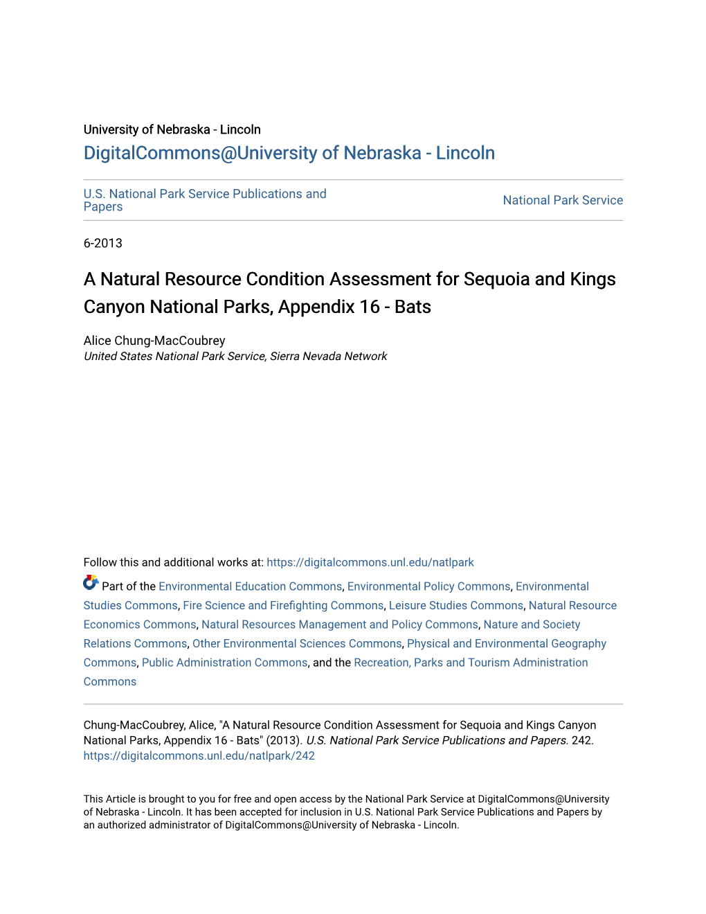 A Natural Resource Condition Assessment for Sequoia and Kings Canyon National Parks, Appendix 16 - Bats
