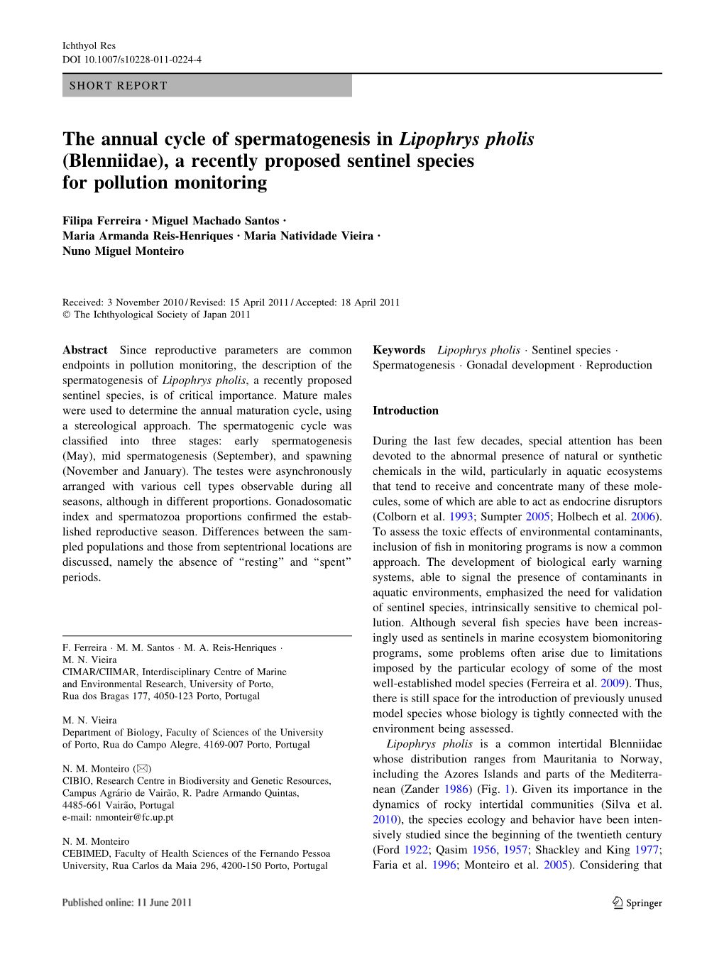 The Annual Cycle of Spermatogenesis in Lipophrys Pholis (Blenniidae), a Recently Proposed Sentinel Species for Pollution Monitoring