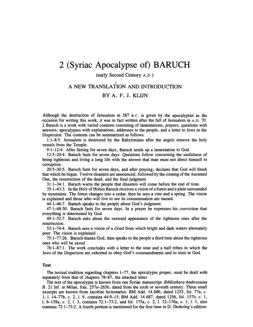 Syriac Apocalypse Of) BARUCH (Early Second Century A.D.
