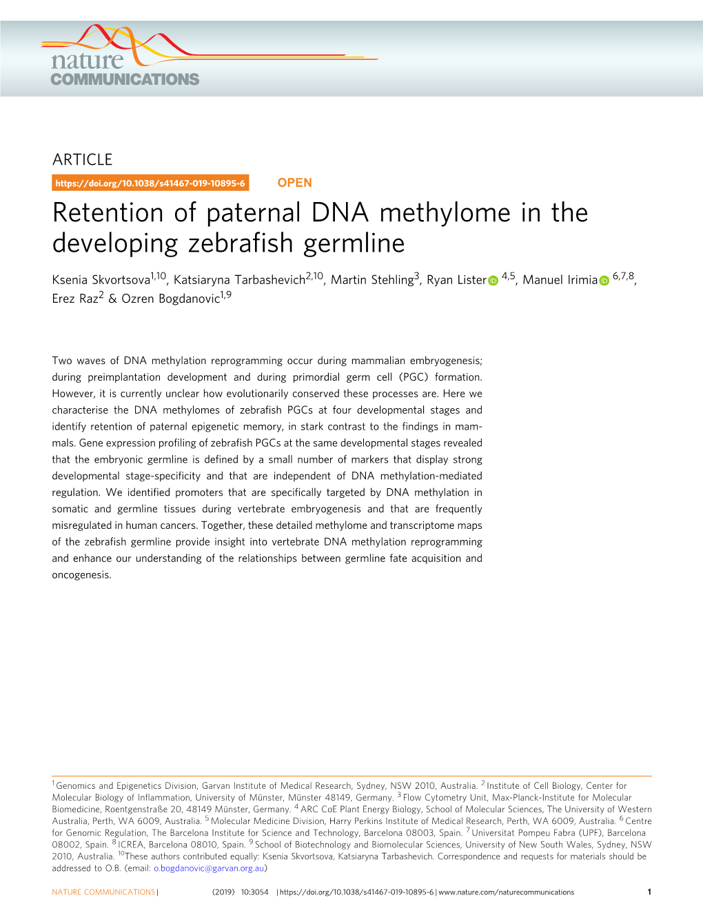 Retention of Paternal DNA Methylome in the Developing Zebraﬁsh Germline