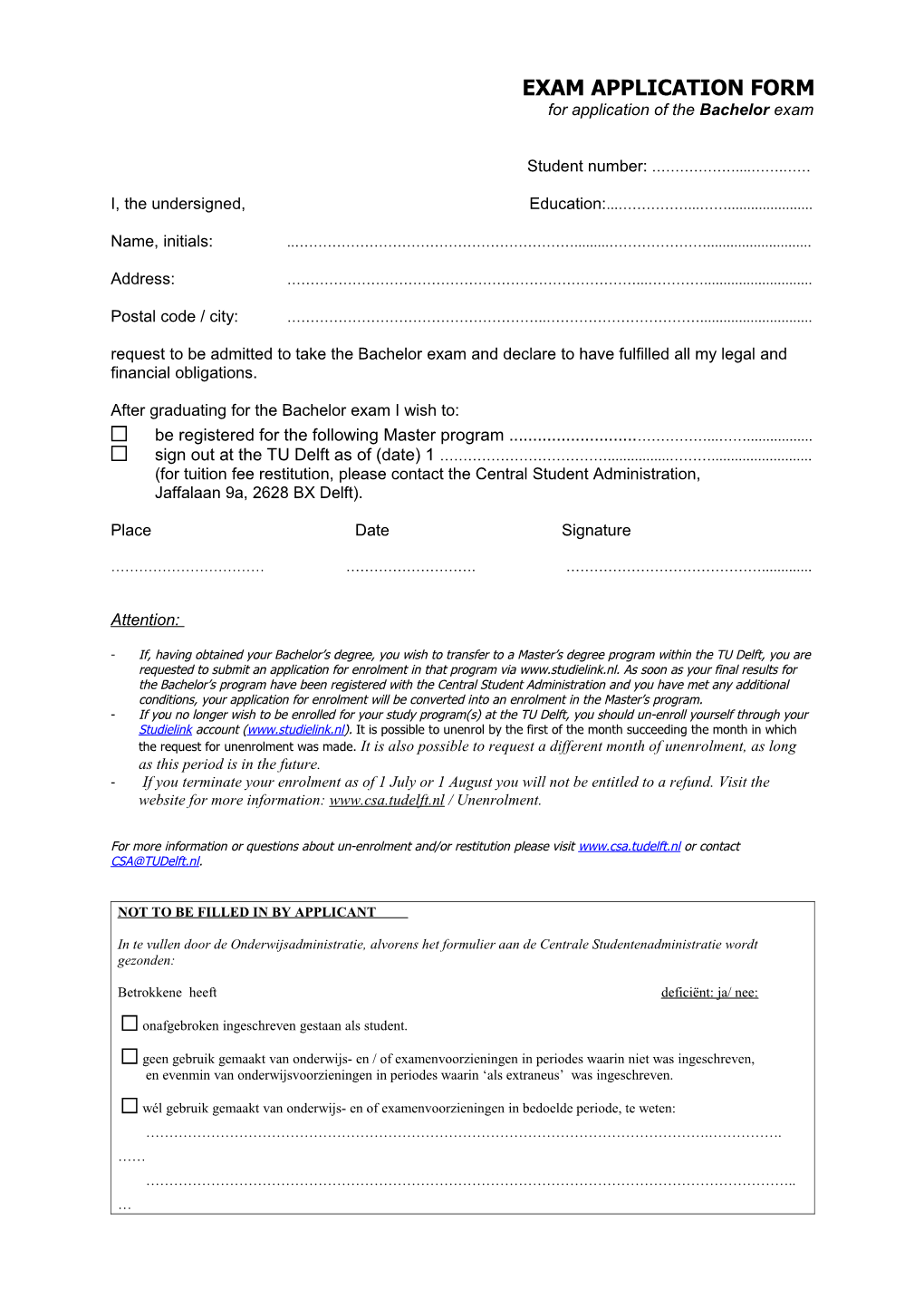 Exam Application Form