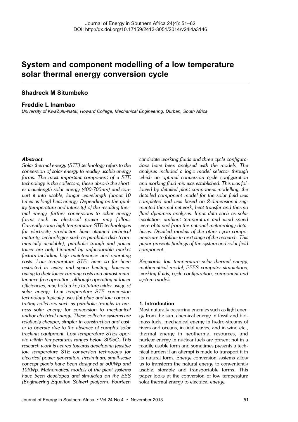 System and Component Modelling of a Low Temperature Solar Thermal Energy Conversion Cycle
