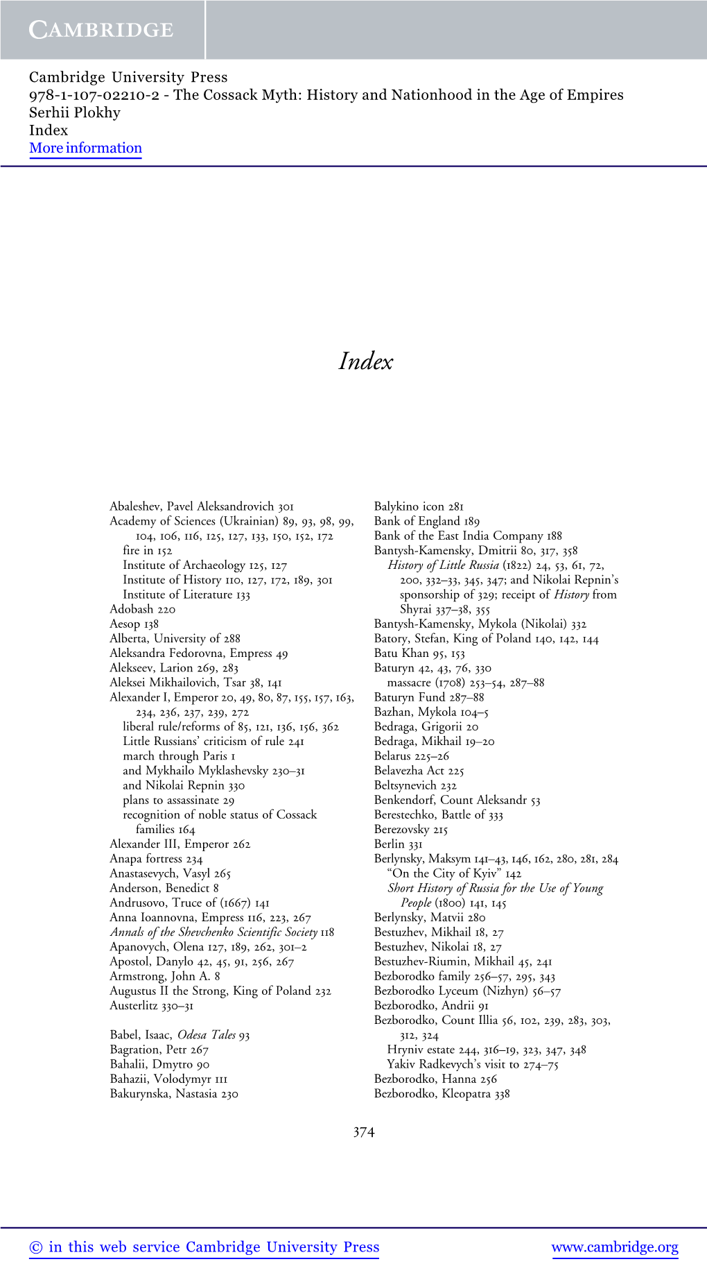 The Cossack Myth: History and Nationhood in the Age of Empires Serhii Plokhy Index More Information