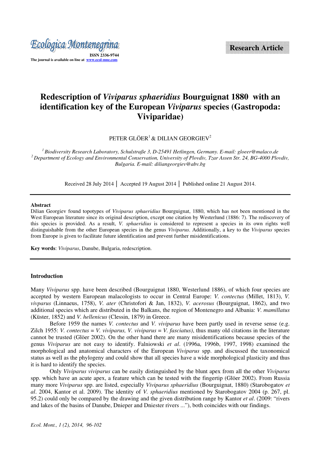 Redescription of Viviparus Sphaeridius Bourguignat 1880 with an Identification Key of the European Viviparus Species (Gastropoda: Viviparidae)