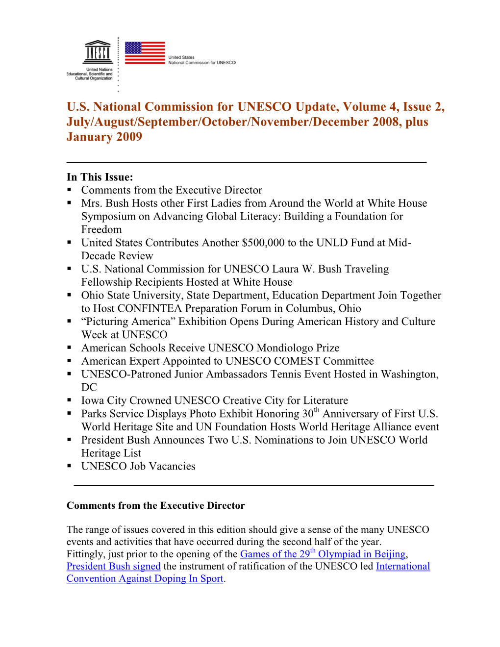 U.S. National Commission for UNESCO Update, Volume 4, Issue 2, July/August/September/October/November/December 2008, Plus January 2009