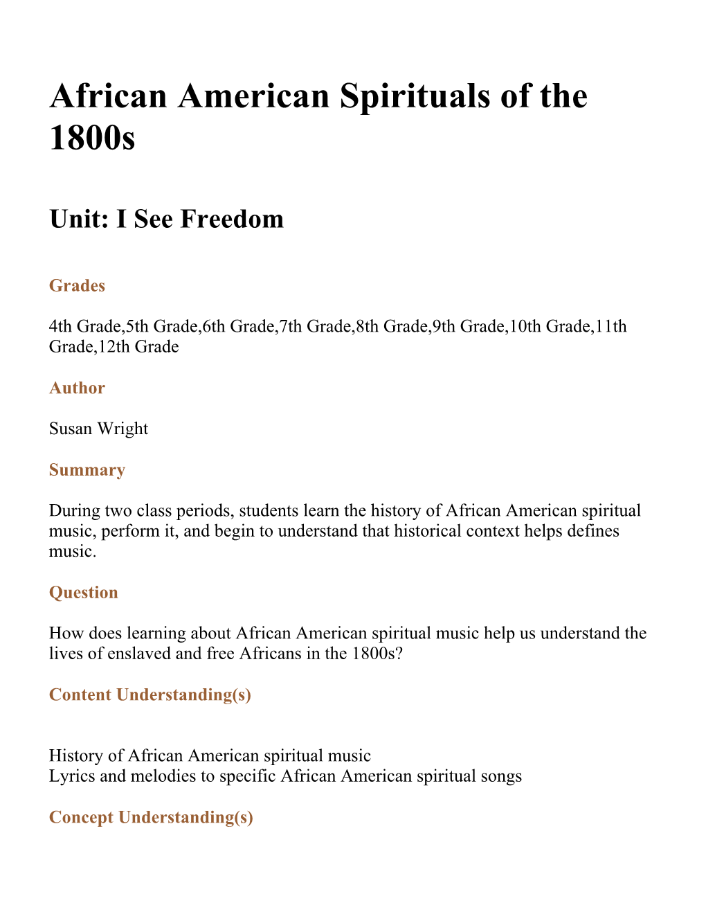 African American Spirituals of the 1800S