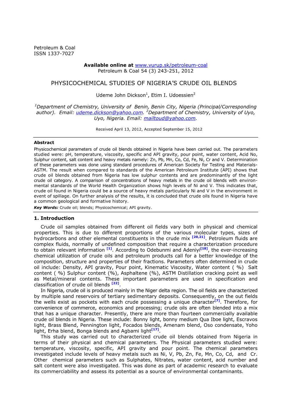 Physicochemical Studies of Nigeria's Crude Oil Blends