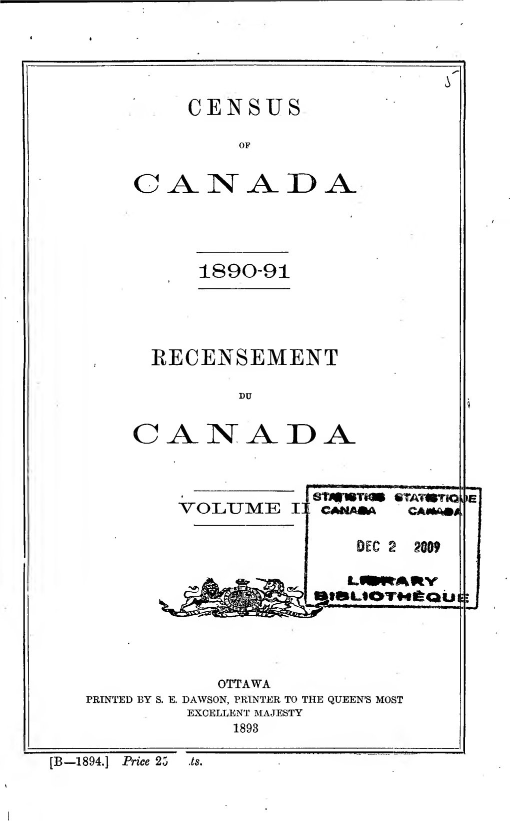 Census of Canada, 1890-91 V.2 = Recensement Du Canada, 1890
