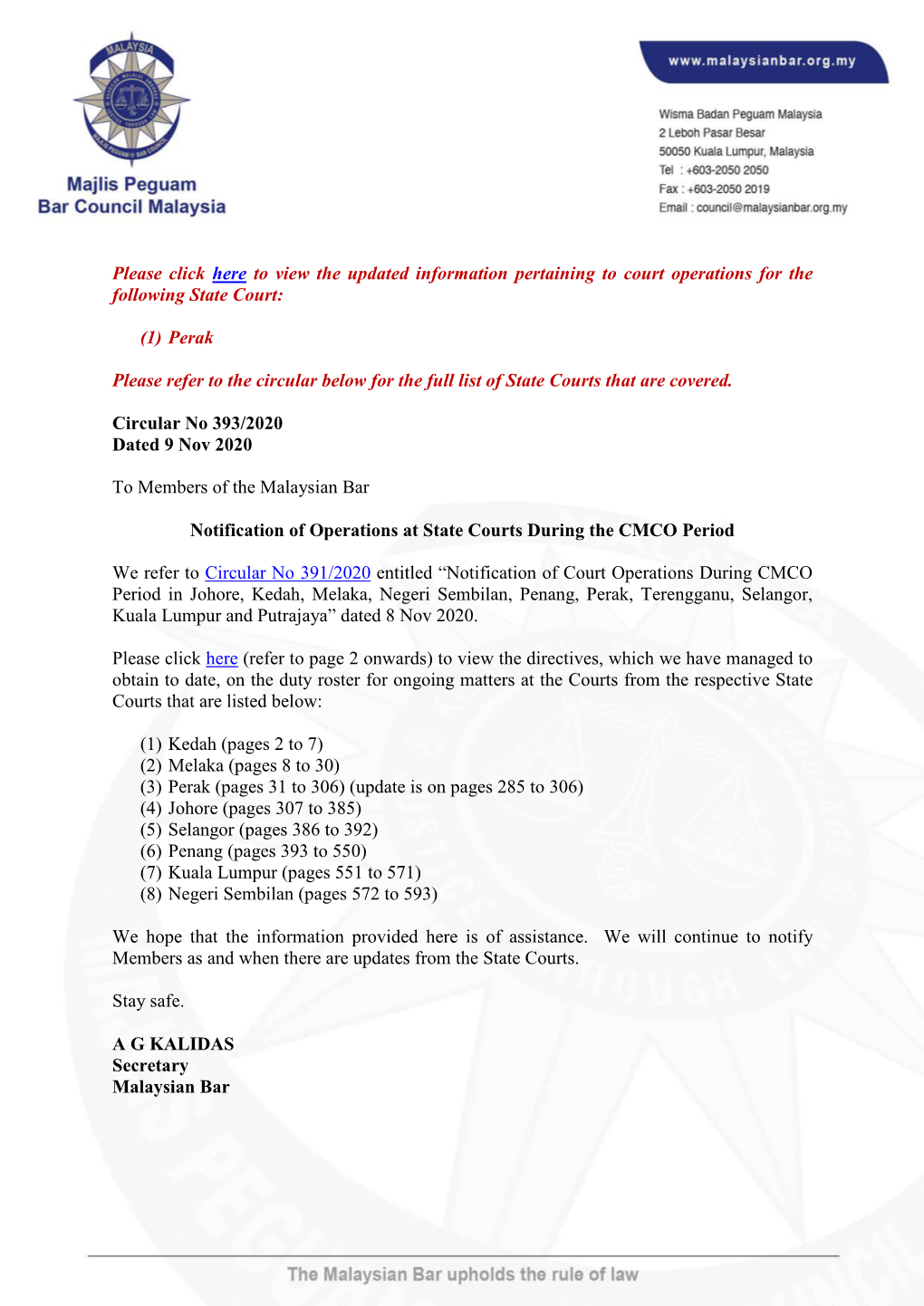 Please Click Here to View the Updated Information Pertaining to Court Operations for the Following State Court