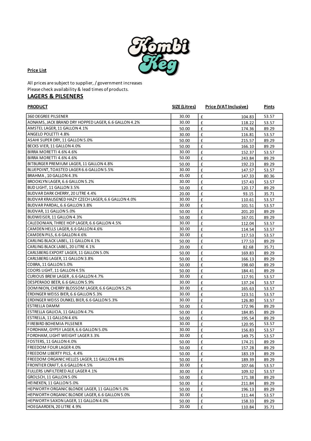 Keg & Drink Price List