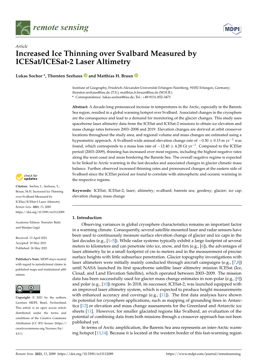 Increased Ice Thinning Over Svalbard Measured by Icesat/Icesat-2 Laser Altimetry