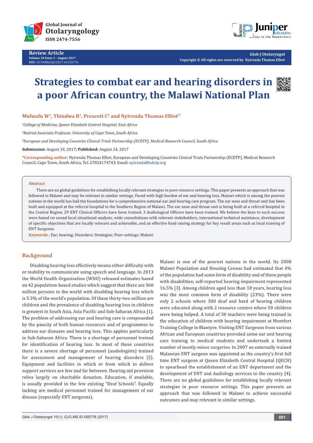 Strategies to Combat Ear and Hearing Disorders in a Poor African Country, the Malawi National Plan