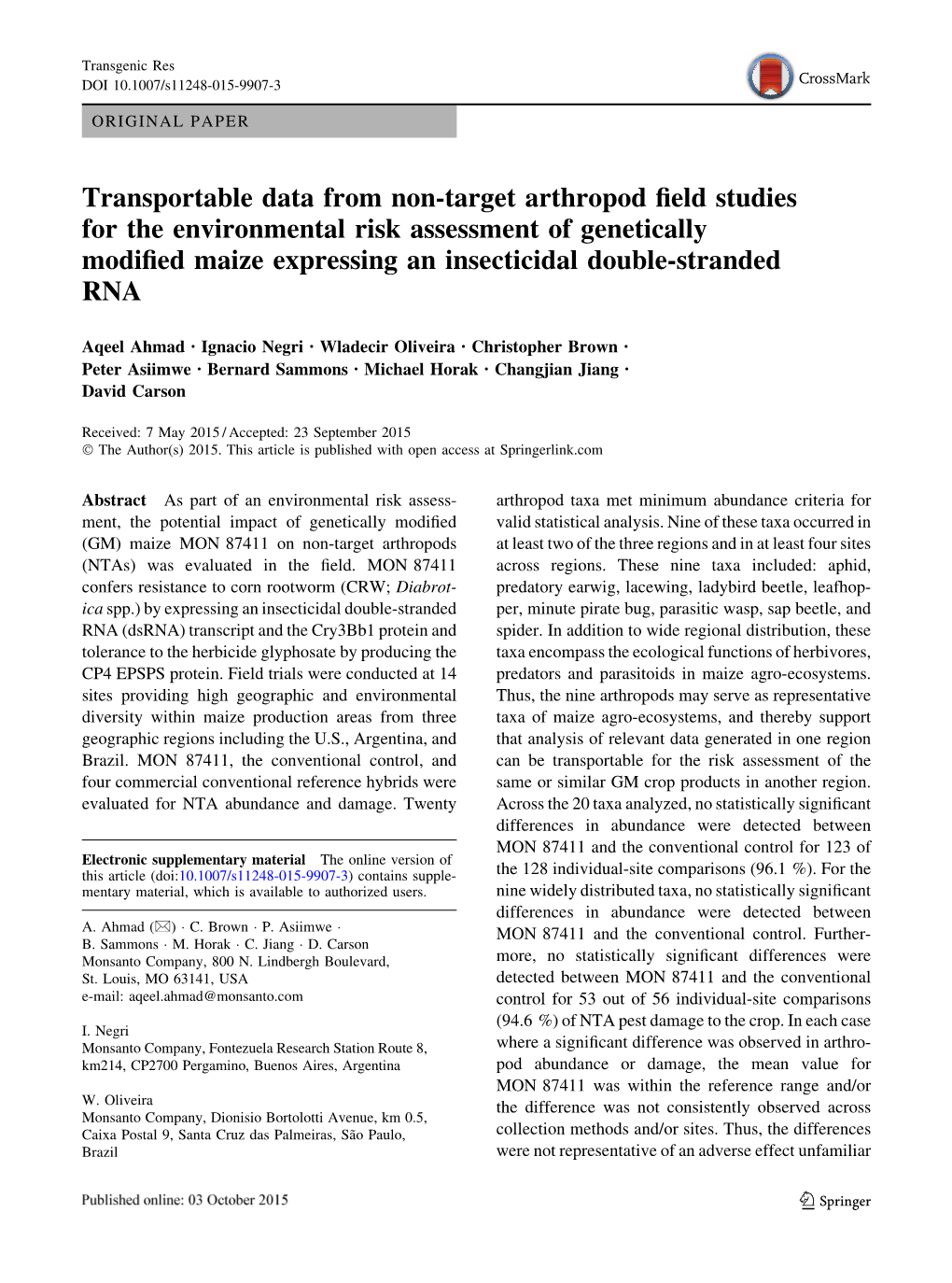 Transportable Data from Non-Target Arthropod Field Studies for the Environmental Risk Assessment of Genetically Modified Maize E