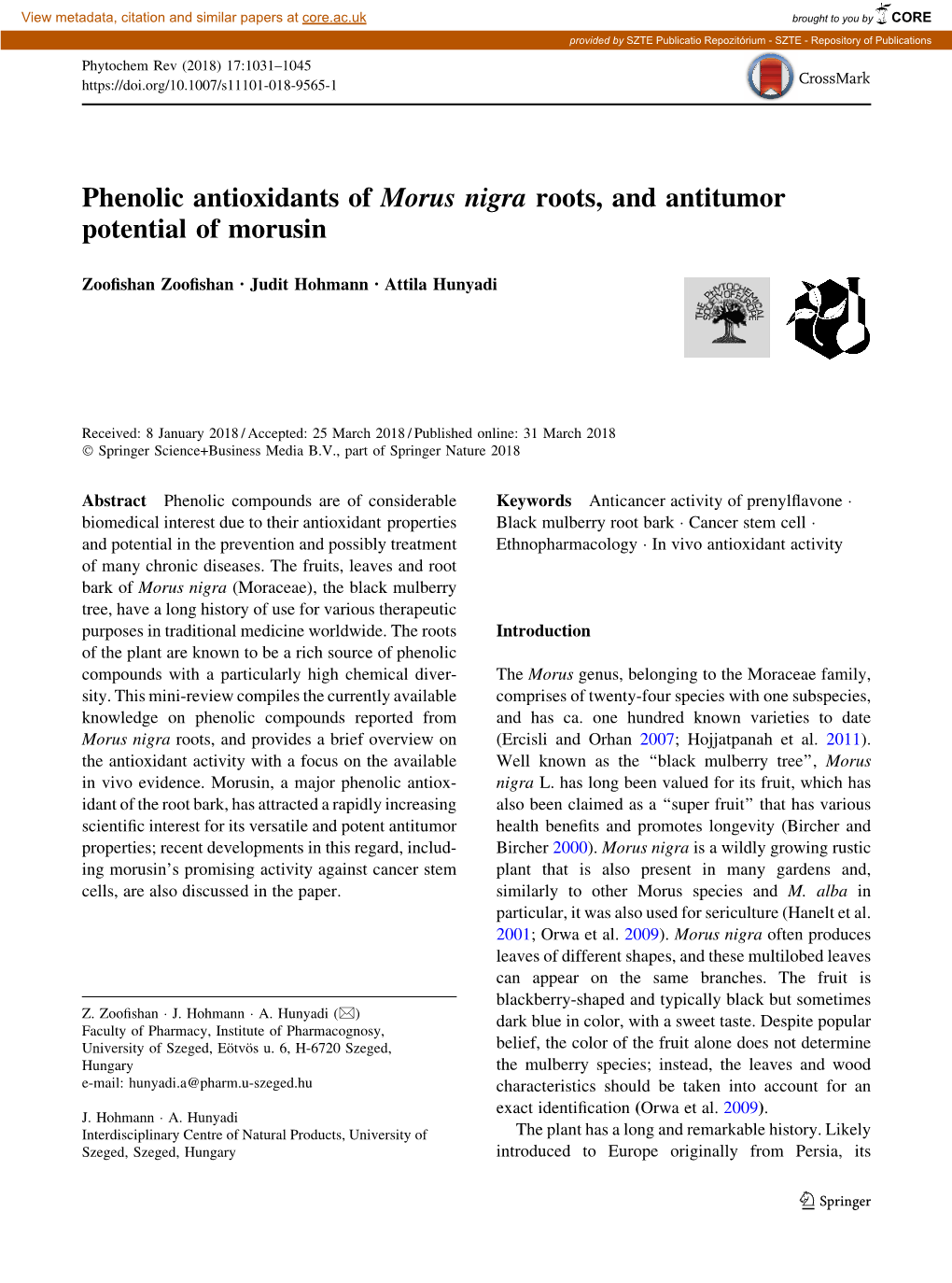Phenolic Antioxidants of Morus Nigra Roots, and Antitumor Potential of Morusin