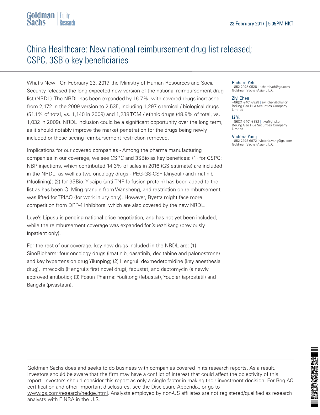 China Healthcare: New National Reimbursement Drug List Released; CSPC, 3Sbio Key Beneﬁciaries