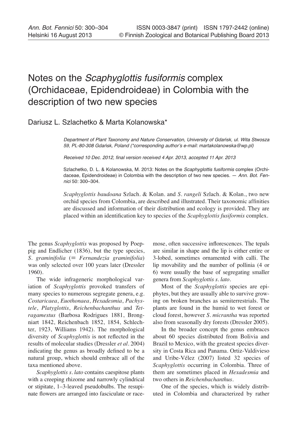 Notes on the Scaphyglottis Fusiformis Complex (Orchidaceae, Epidendroideae) in Colombia with the Description of Two New Species