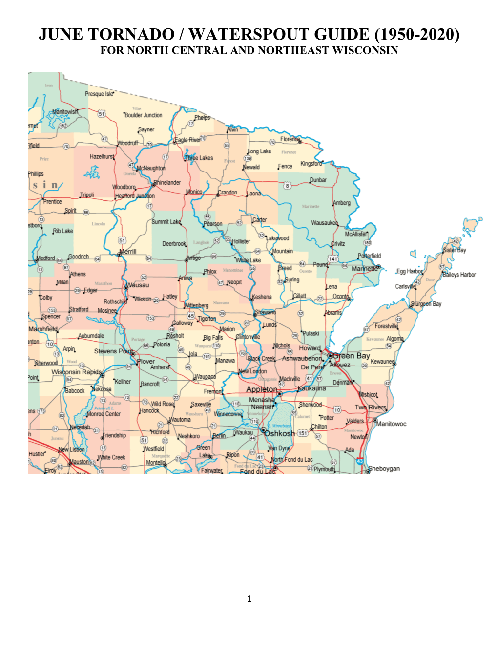 June Tornado / Waterspout Guide (1950-2020) for North Central and Northeast Wisconsin