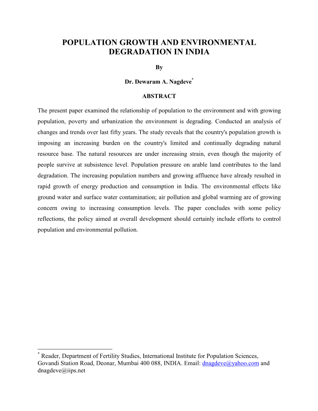 Population Growth and Environmental Degradation in India