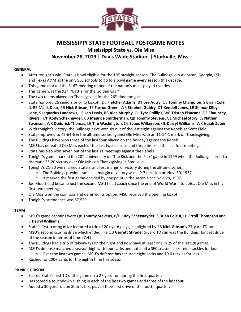 MISSISSIPPI STATE FOOTBALL POSTGAME NOTES Mississippi State Vs