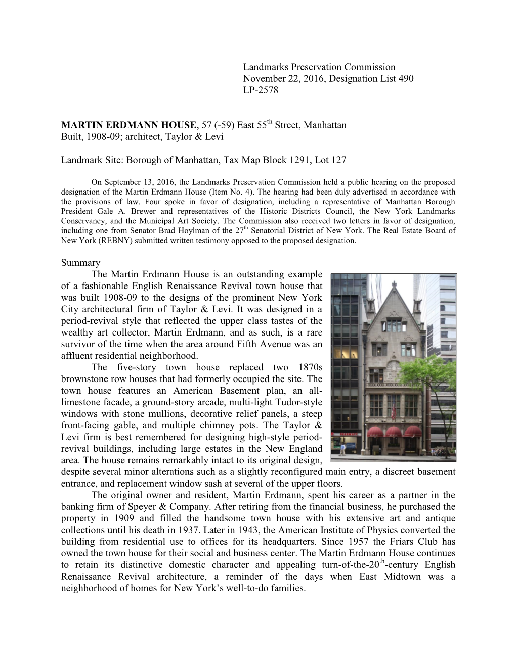 Landmarks Preservation Commission November 22, 2016, Designation List 490 LP-2578