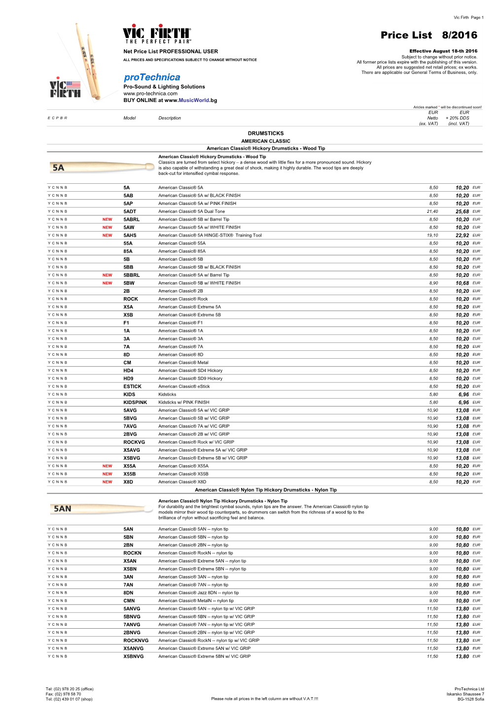 Vic Firth Price List 2016 08