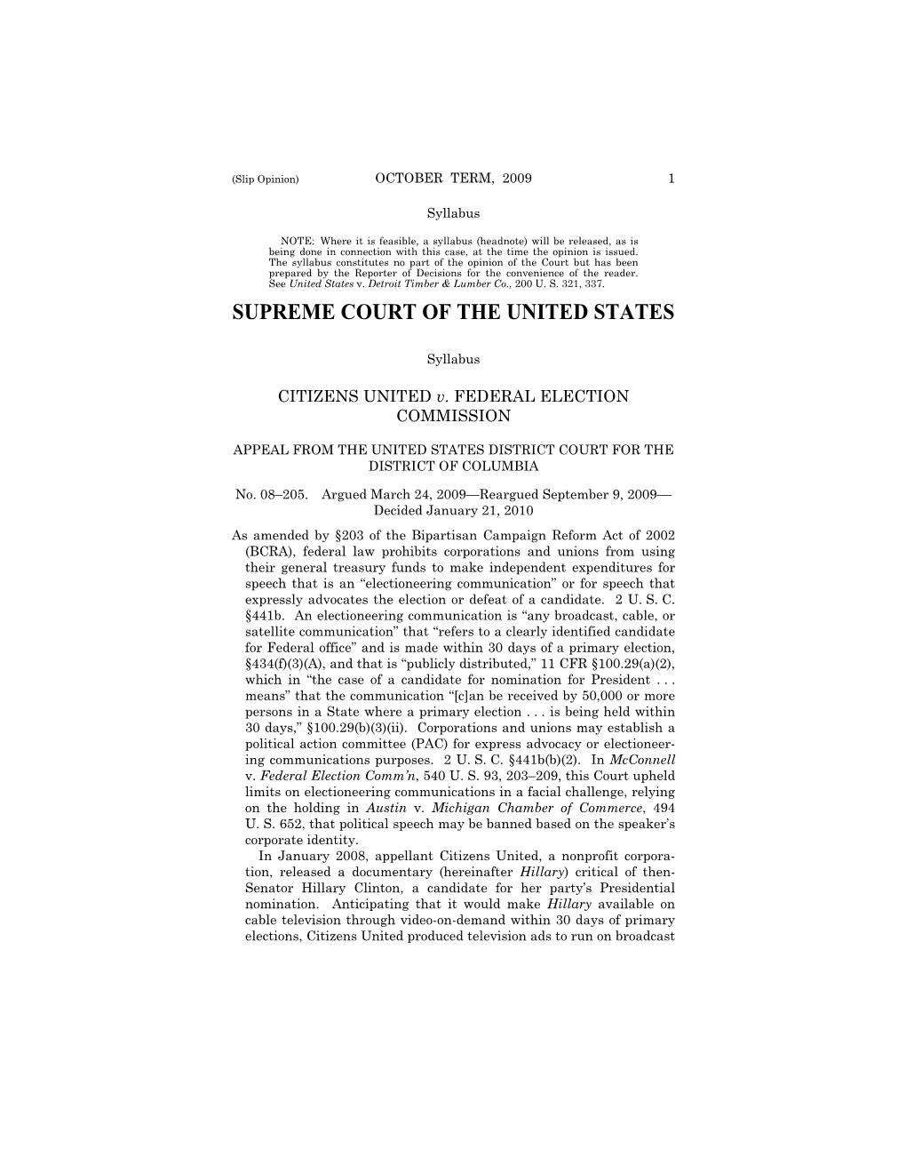 08-205 Citizens United V. Federal Election Comm'n