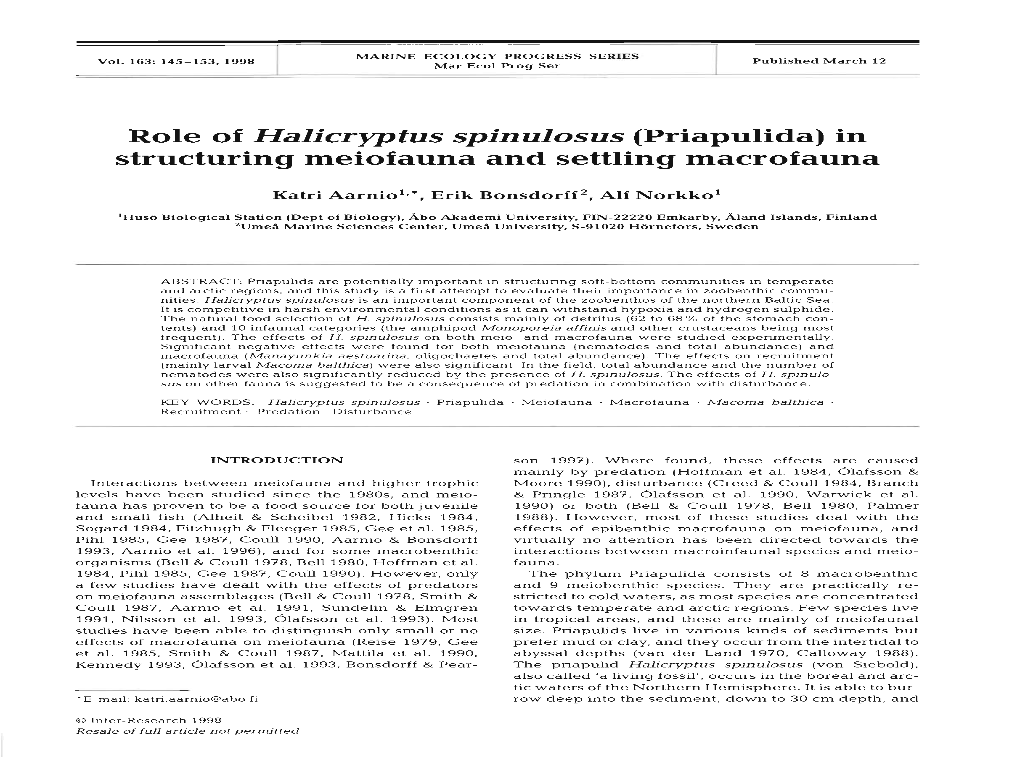 Role of Halicryptus Spinulosus (Priapulida) in Structuring Meiofauna and Settling Macrofauna