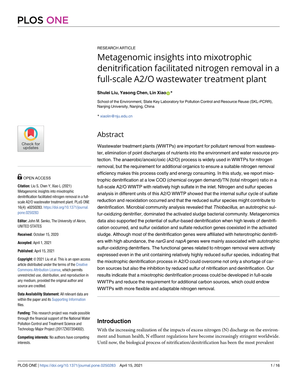 Metagenomic Insights Into Mixotrophic Denitrification Facilitated Nitrogen Removal in a Full-Scale A2/O Wastewater Treatment Plant