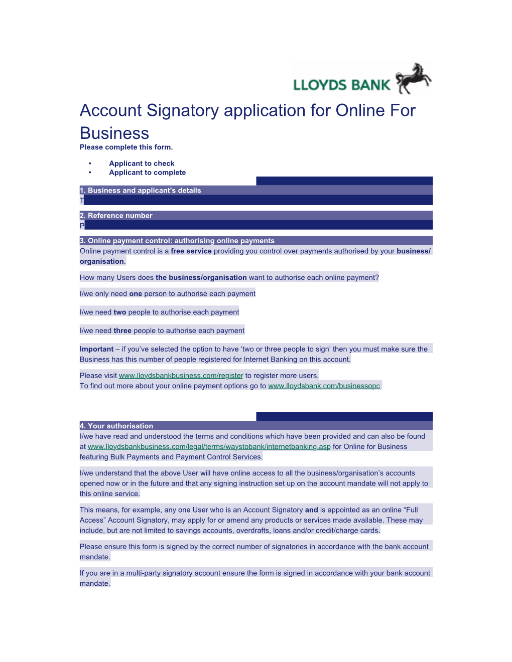 Account Signatory Application for Online for Business Please Complete This Form