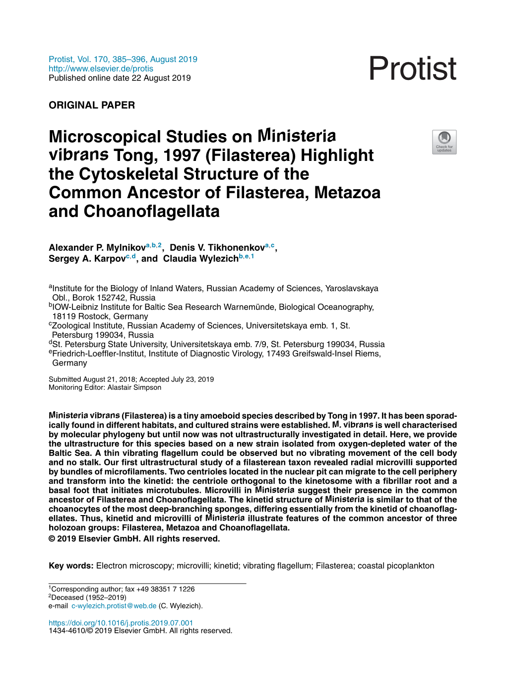 Microscopical Studies on Ministeria Vibrans Tong, 1997 (Filasterea)