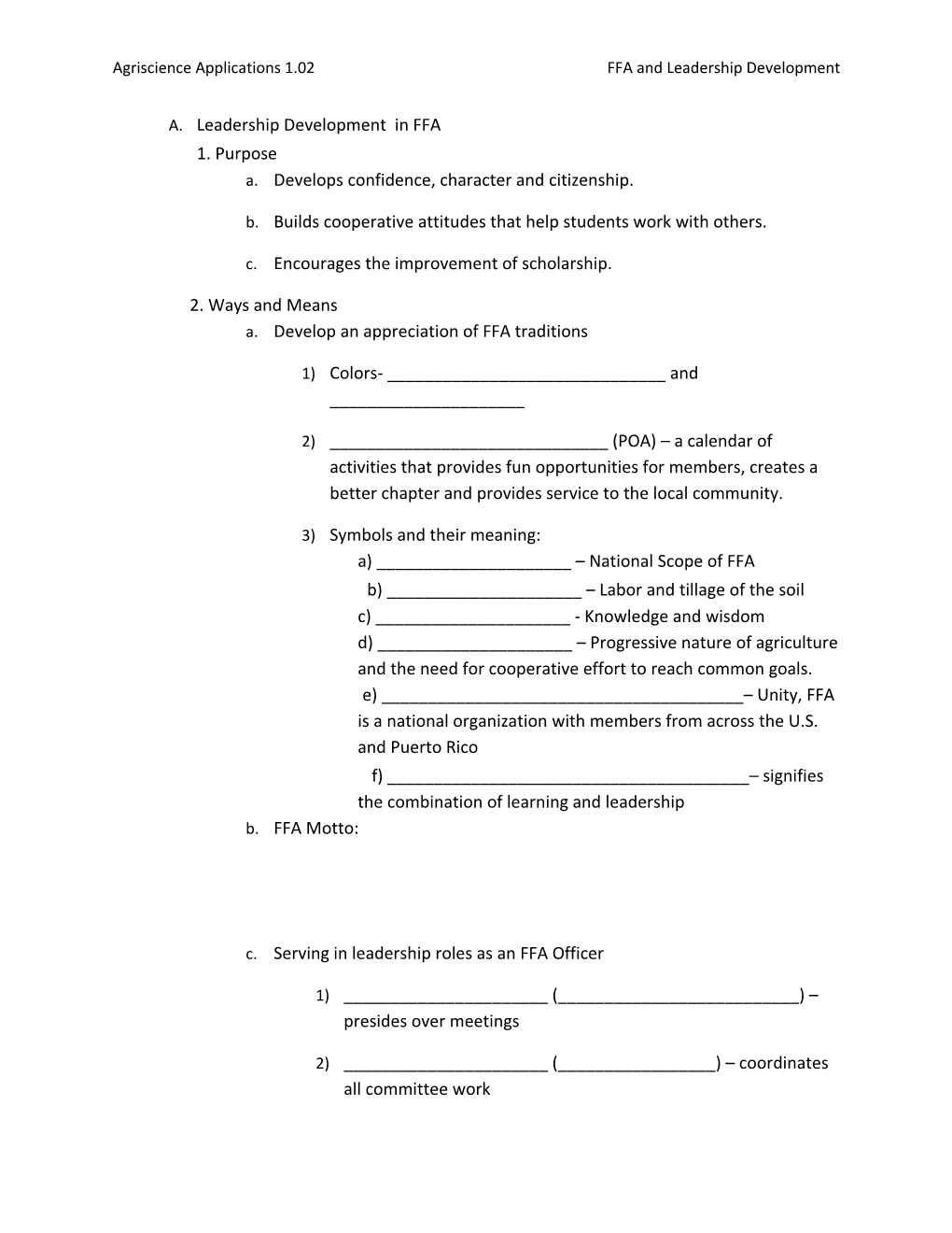 Agriscience Applications 1.02 FFA and Leadership Development