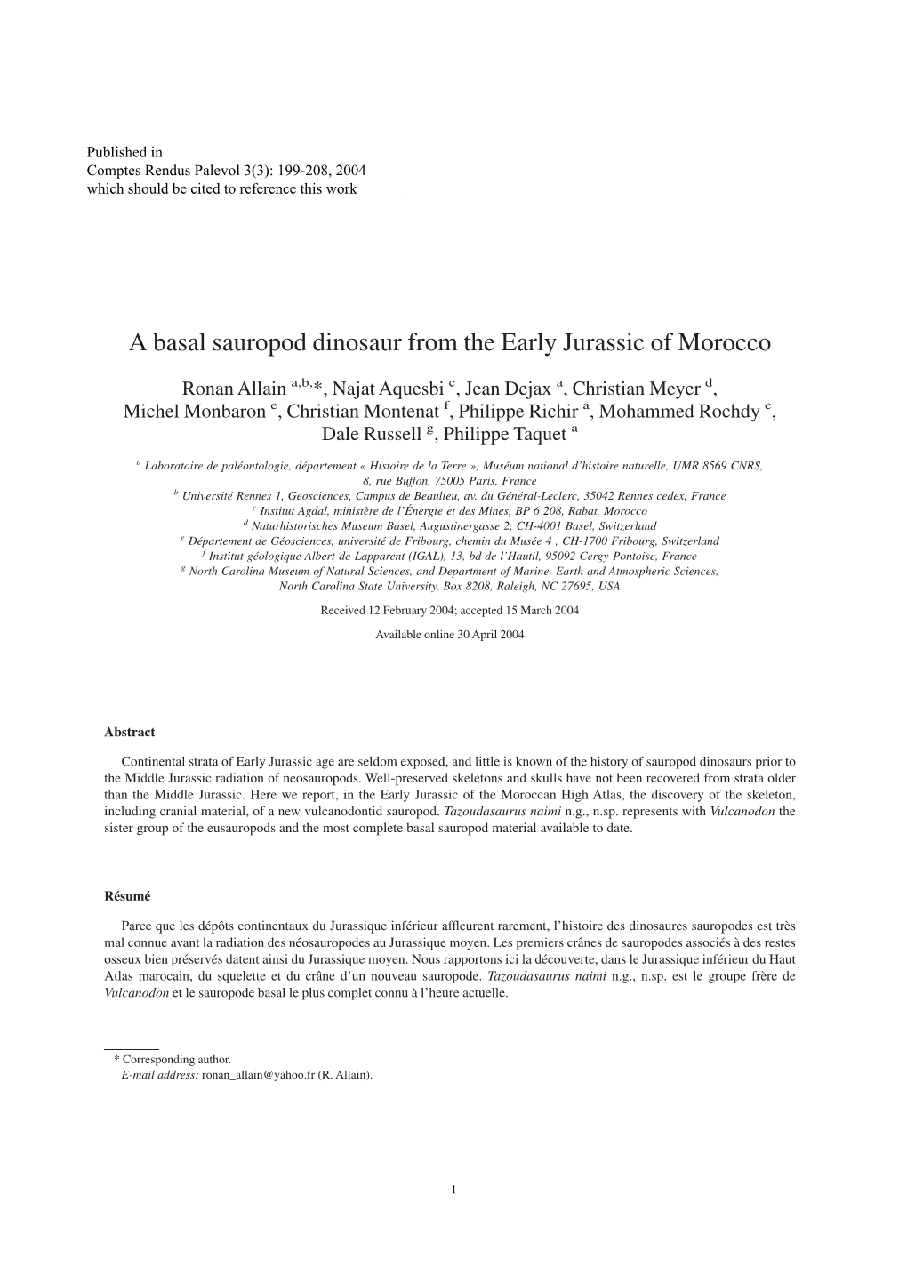 A Basal Sauropod Dinosaur from the Early Jurassic of Morocco